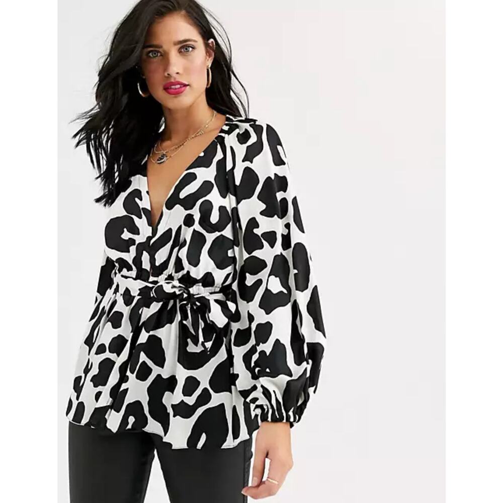 ASOS Printed Dolman Libg Sleeve Flare Hem Top Size 6 Cream Black